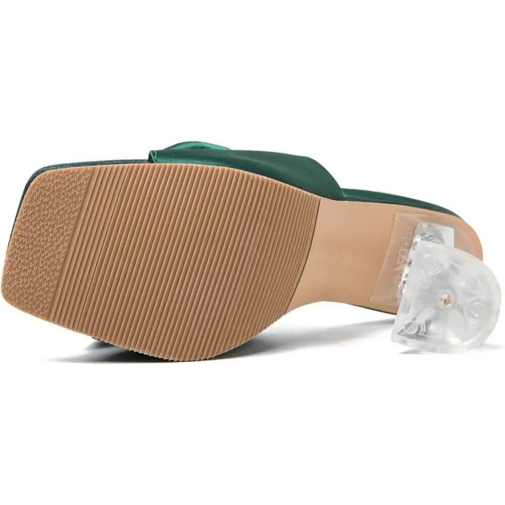 Women's Bow High Heels Mules Dress Sandals Slip On Party Wedding Bridal Green